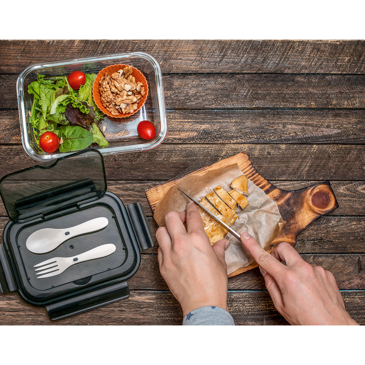 R08444.02 - Szklany lunch box ze sztućcami Lagos 1000 ml, czarny